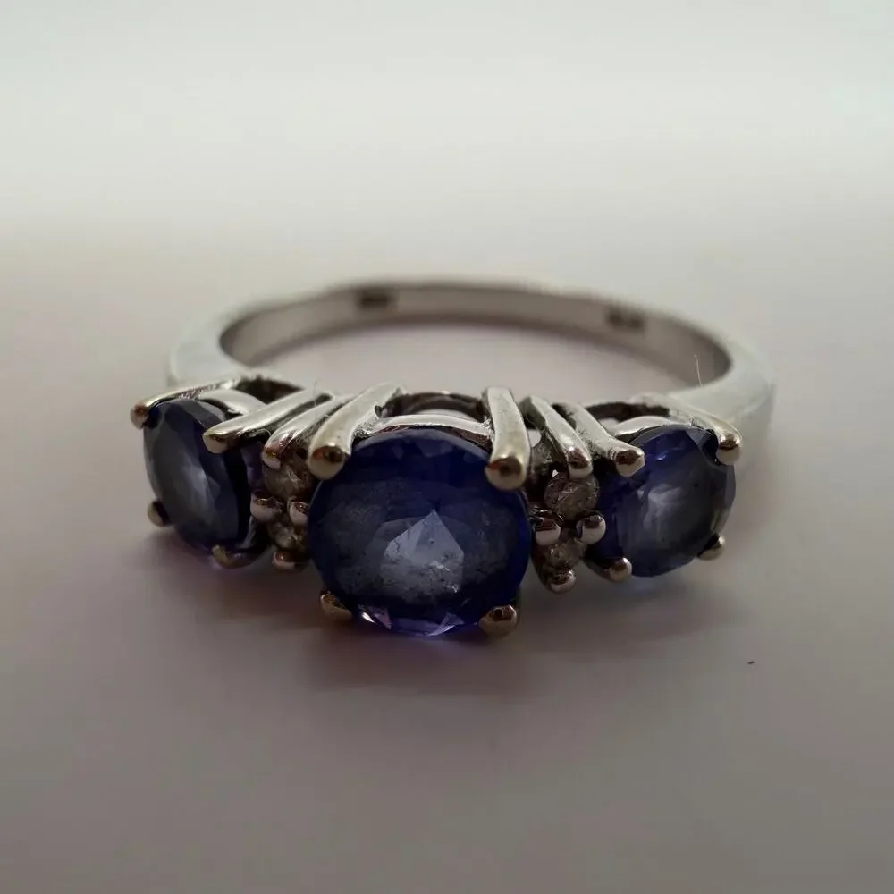 14K White Gold Tanzanite & Diamond Accent 3-Stone STS Past Present Ring Size 7